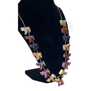 Zuni Sterling Silver Fetish Necklace Multicolor Jasper Rhodonite Carve Stone 28"
